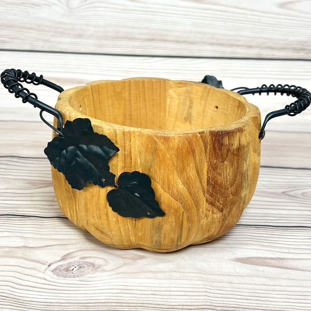 VTG Pier1 Wooden Pumpkin Bowl Basket Metal Handle Rustic Thanksgiving Fall Decor